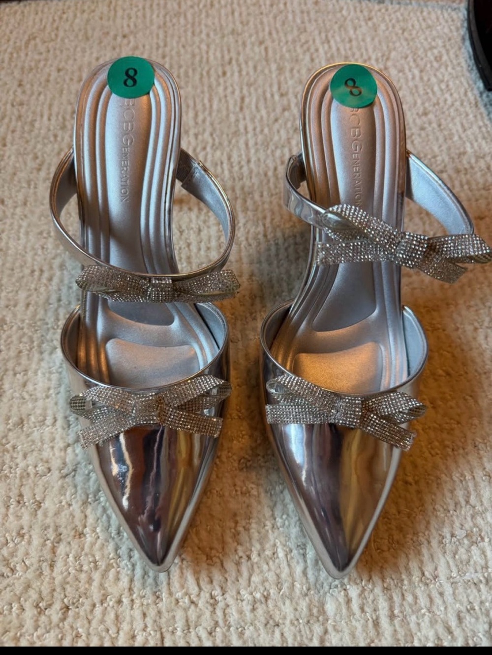 BCBG Metallic Silver Pointed-Toe Slingback Heels with Bow